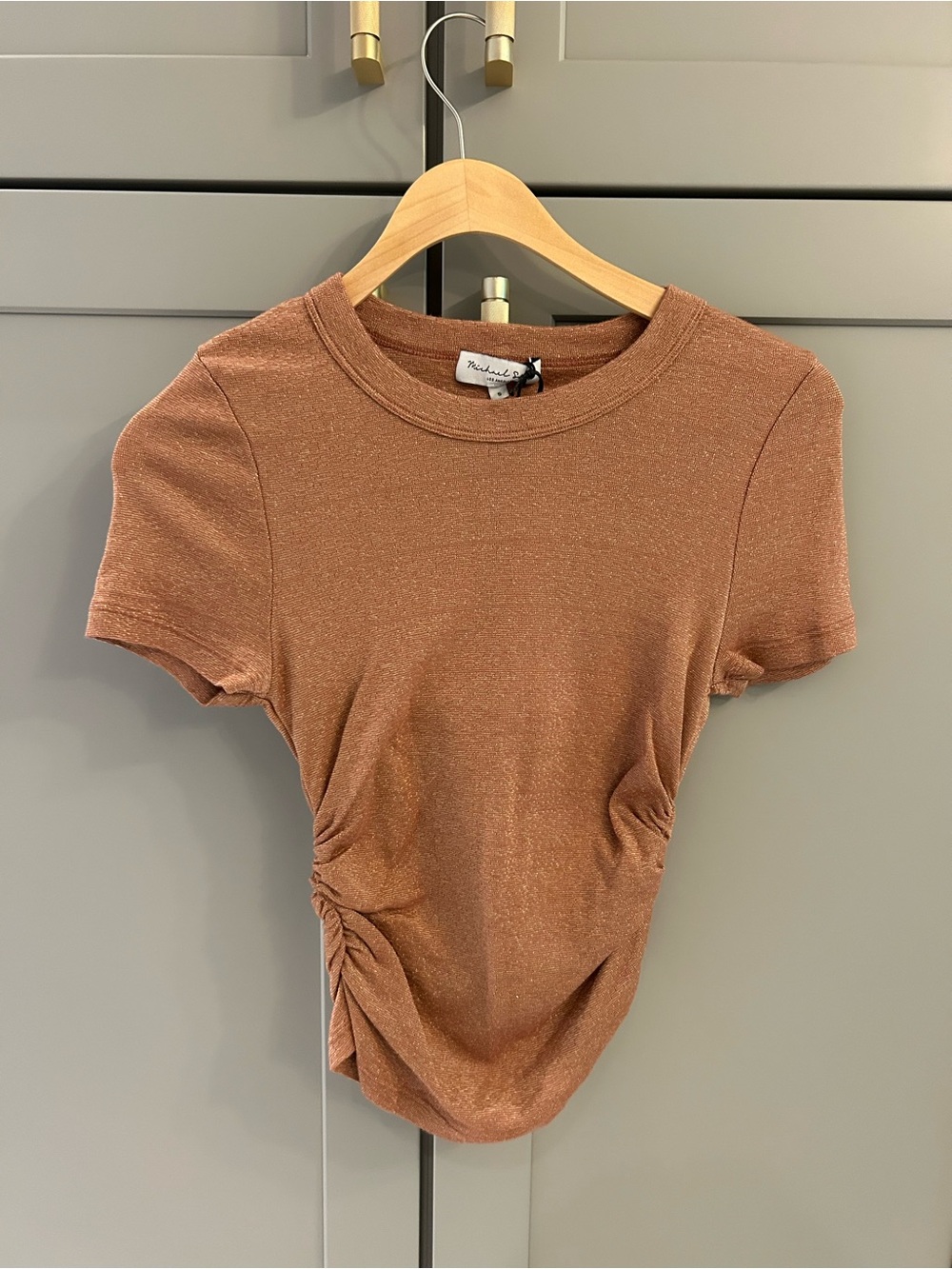 ❤️ NWT! Michael Stars Marla Crop Tee Copper Shine Side-Ruched Short Sleeve Tee